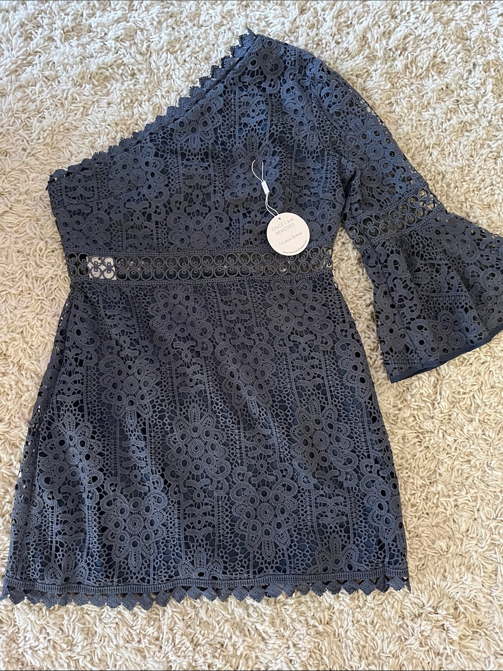 One-Shoulder Lace Mini Dress with Bell Sleeve